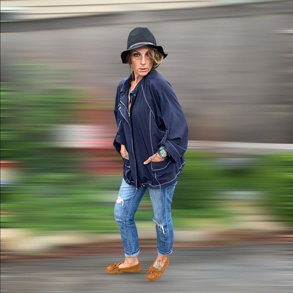 Navy blue & white chain stitch sailor style oversized crop sleeve summer jacket - Picture 2 of 12